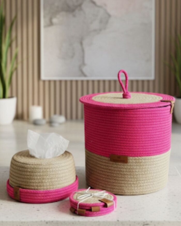 jute circle tissue box,1pc jute storage basket and 4 pcs small coasters set - Image 3