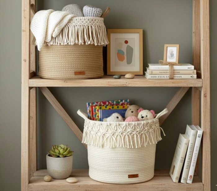 Jute Storage Basket Beige, Cream Woven Baskets for Storage Baby Nursery Laundry Basket with Handle, Books, Blankets with Macrame - Image 1