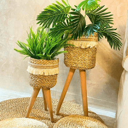 wooden plant holder with halfa pot