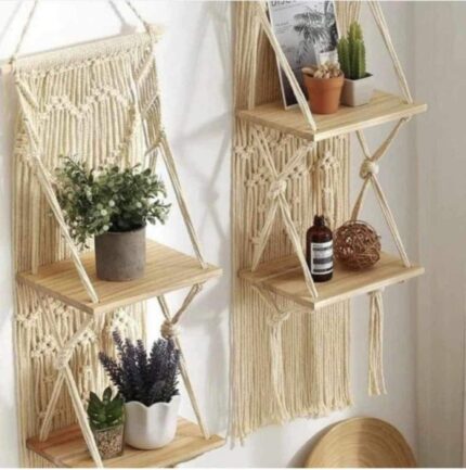 macrame wall hanging with shelves