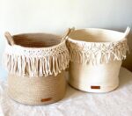 Jute Storage Basket Beige, Cream Woven Baskets for Storage Baby Nursery Laundry Basket with Handle, Books, Blankets with Macrame - Image 2