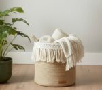 Jute Storage Basket Beige, Cream Woven Baskets for Storage Baby Nursery Laundry Basket with Handle, Books, Blankets with Macrame - Image 3