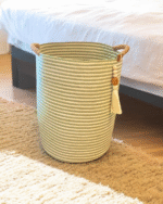 Handwoven Cotton Rope and Jute Storage Basket with Striped Design Olive and offwhite– Multi-Purpose Decorative Organizer for Plants, Laundry, Toys, and Home Décor – Durable, Eco-Friendly, and Foldable with Easy-Carry Handles - Image 5