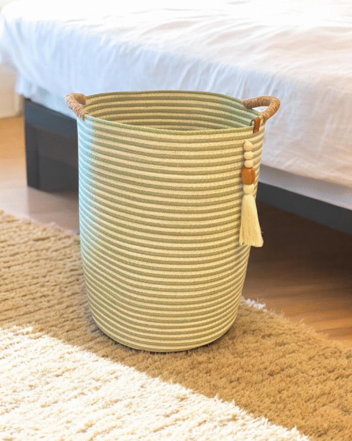 Handwoven Cotton Rope and Jute Storage Basket with Striped Design Olive and offwhite– Multi-Purpose Decorative Organizer for Plants, Laundry, Toys, and Home Décor – Durable, Eco-Friendly, and Foldable with Easy-Carry Handles - Image 5