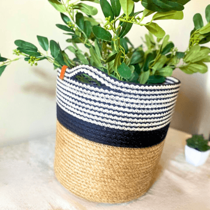 jute basket with black handles