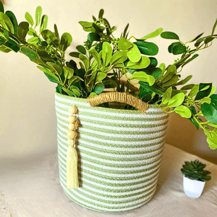 off white basket with olive handles