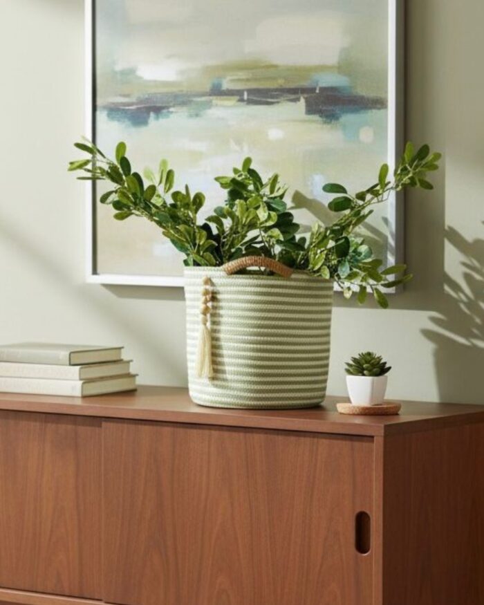 Handwoven Cotton Rope and Jute Storage Basket with Striped Design Olive and offwhite– Multi-Purpose Decorative Organizer for Plants, Laundry, Toys, and Home Décor – Durable, Eco-Friendly, and Foldable with Easy-Carry Handles - Image 2