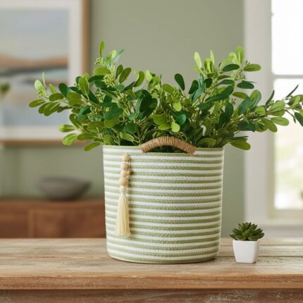 Handwoven Cotton Rope and Jute Storage Basket with Striped Design Olive and offwhite– Multi-Purpose Decorative Organizer for Plants, Laundry, Toys, and Home Décor – Durable, Eco-Friendly, and Foldable with Easy-Carry Handles