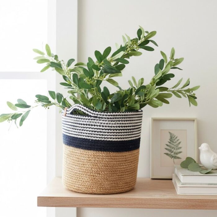 Handwoven Cotton Rope and Jute Storage Basket with Striped Design black and white – Multi-Purpose Decorative Organizer for Plants, Laundry, Toys, and Home Décor – Durable, Eco-Friendly, and Foldable with Easy-Carry Handles - Image 1