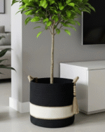 Handmade Basket Navy dark gray color, off-white ,jute &tassel - Image 3