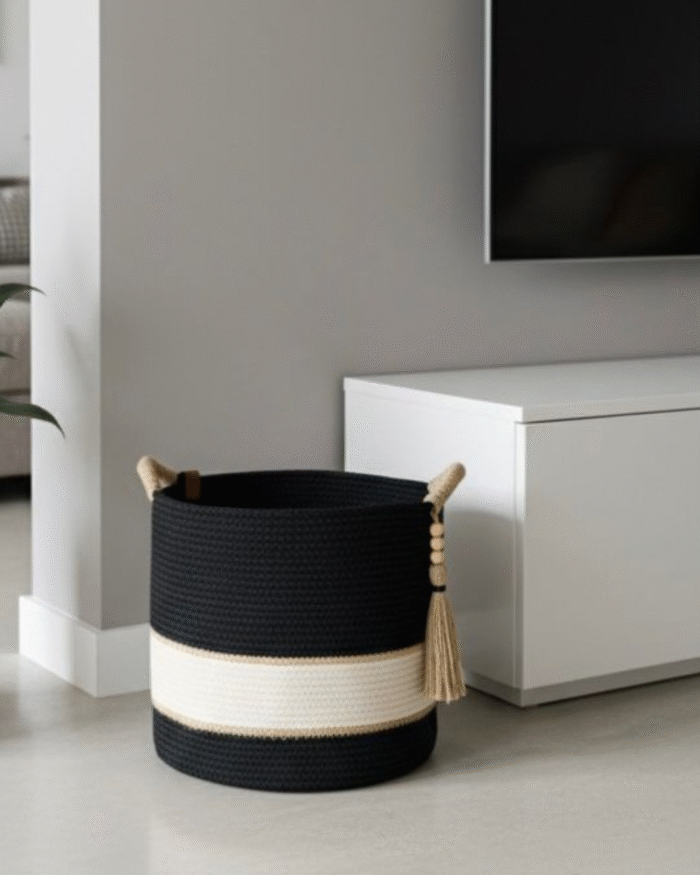 Handmade Basket Navy dark gray color, off-white ,jute &tassel - Image 2