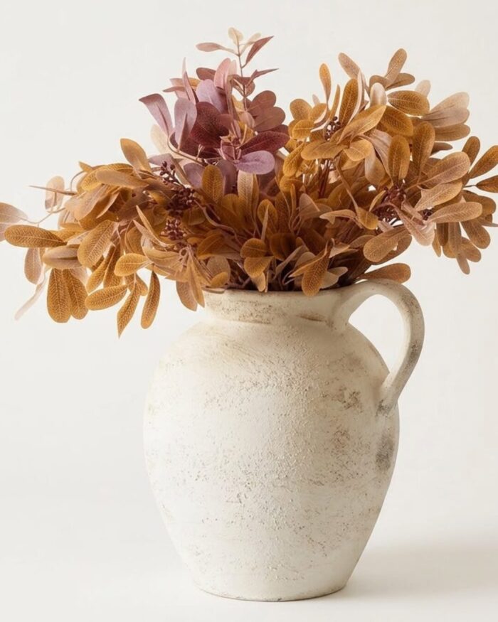 Rustic pottery vase Farmhouse decoration beige pitcher vase with handle vintage flower vases - Image 1