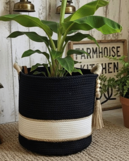 Handmade Basket Navy dark gray color, off-white ,jute &tassel