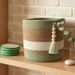 Jute olive Woven Storage Decorative Rope Basket Wooden Bead Decoration for Blankets,Toys,Clothes Organizer Bin with Handles Living Room Home Decorcolor  basket with beads