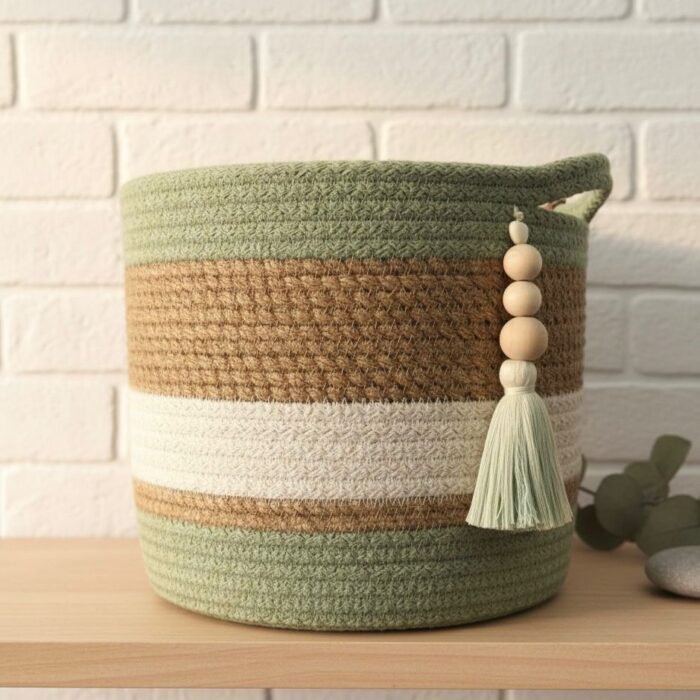 Jute olive Woven Storage Decorative Rope Basket Wooden Bead Decoration for Blankets,Toys,Clothes Organizer Bin with Handles Living Room Home Decorcolor  basket with beads - Image 2