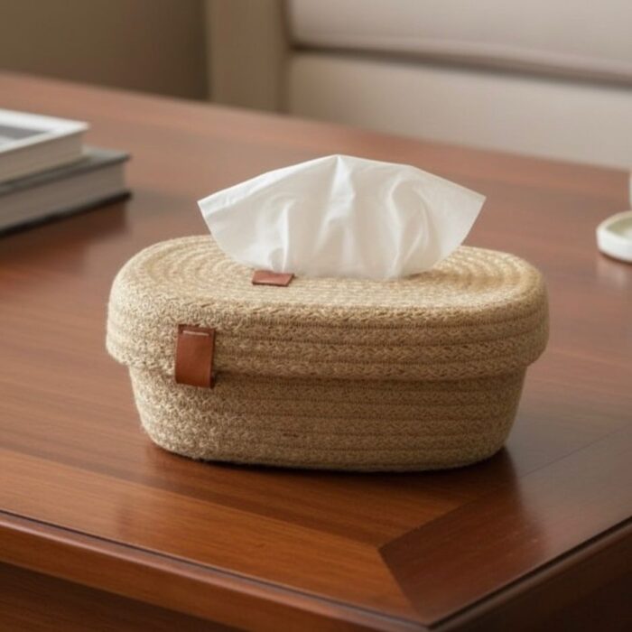 Rectangular tissue box from knitted jute-Hand-woven Tissue Box Family Living Room Kitchen Napkin Storage Tissue Box - Image 1