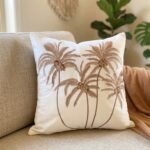 Embroidered Coconut Palm  Cushion with Natural Flax Fringe Cotton  Cushion  Farmhouse Decor Square   Cushion for Spring Summer Sofa Couch Bedroom