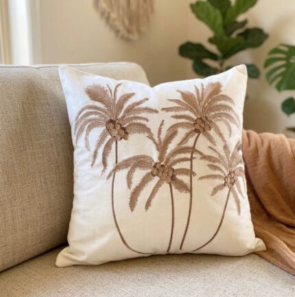 Embroidered Coconut Palm  Cushion with Natural Flax Fringe Cotton  Cushion  Farmhouse Decor Square   Cushion for Spring Summer Sofa Couch Bedroom