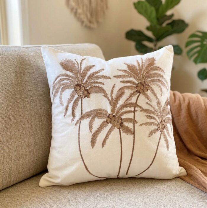 04daca19-728f-438a-b675-0ba1a0869982 (1) Embroidered Coconut Palm Cushion with Natural Flax Fringe Cotton Cushion Farmhouse Decor Square Cushion for Spring Summer Sofa Couch Bedroom - Image 1