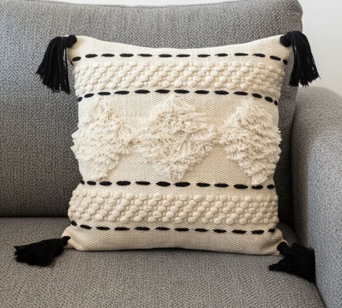 Black and White cotton Boho tufted kilim cushion Tufted Boho  Soft and Fine White Diamond Tufting, Black,Cream and Beige Cotton Line Weave, Exquisite Hand-Made Tassels, for Couch/Sofa/Bed/Living Room/Bedroom - Image 1
