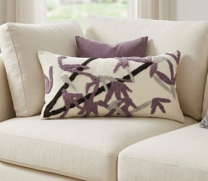cce3c8f1-0a9a-4b08-aff2-0881f93a39da Elegant Lavender Bamboo Embroidered Decorative Throw cushion for Couch and Living Room – Soft Rectangular Cushion Cover with Botanical Design - Image 1