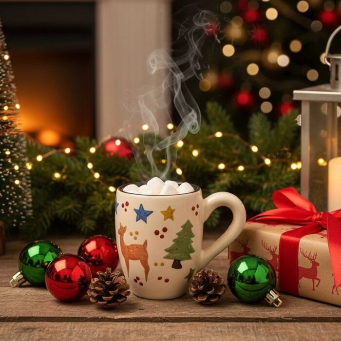 Handcrafted Ceramic Coffee Mug – Colorful Christmas Festive  Pattern with Rustic Hand-Painted Design –   Cup with Ergonomic Handle Unique Artisan Gift for Holiday and Everyday Use - Image 1