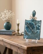 Handmade Ceramic Decorative Cutting Board – Artistic Blue Tropical Leaf Design – Rustic Kitchen Wall Hanging or Serving Tray with Twine Accent – Unique Artisan Gift for Home Décor, Cheese Display, and Table Centerpiece
