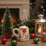 Handcrafted Ceramic Holiday Mug – Festive Christmas Design Featuring Red Balloon, Snowflake, Star & Tree Patterns –  Coffee Cup with Comfortable Handle  Perfect for Hot Cocoa, Tea, and Seasonal Beverages