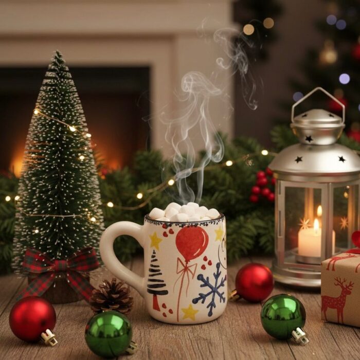 Handcrafted Ceramic Holiday Mug – Festive Christmas Design Featuring Red Balloon, Snowflake, Star & Tree Patterns –  Coffee Cup with Comfortable Handle  Perfect for Hot Cocoa, Tea, and Seasonal Beverages - Image 1