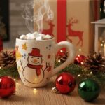 Handcrafted Ceramic Coffee Mug – Colorful Christmas Snowman  Pattern with Rustic Hand-Painted Design –   Cup with Ergonomic Handle Unique Artisan Gift for Holiday and Everyday Use