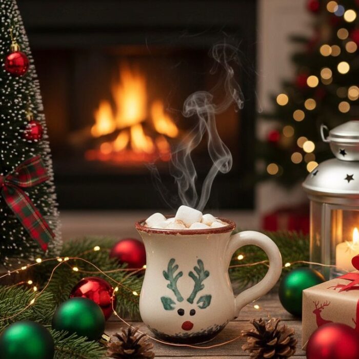 Handcrafted Ceramic Coffee Mug – Colorful Christmas Blue Reindeer Pattern with Rustic Hand-Painted Design –   Cup with Ergonomic Handle Unique Artisan Gift for Holiday and Everyday Use - Image 1