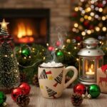 Handcrafted Ceramic Coffee Mug – Colorful Christmas Festive Trees Pattern with Rustic Hand-Painted Design –   Cup with Ergonomic Handle Unique Artisan Gift for Holiday and Everyday Use