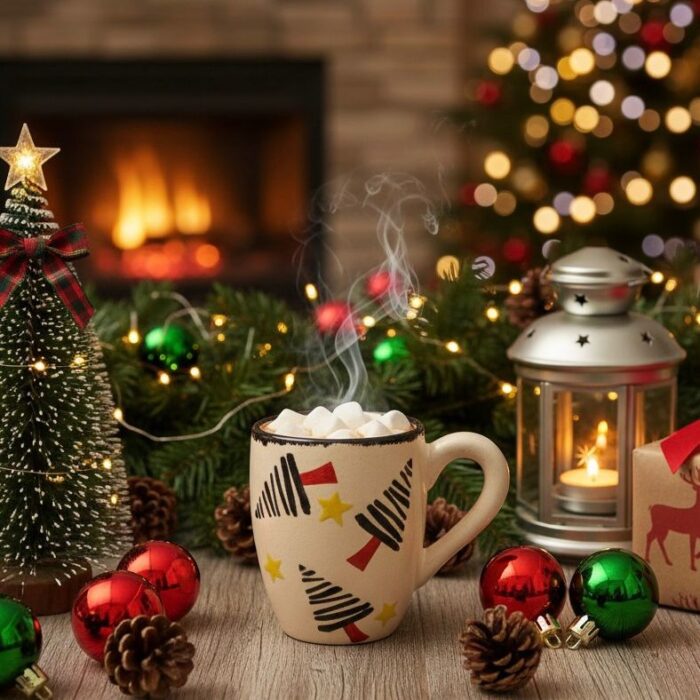 Handcrafted Ceramic Coffee Mug – Colorful Christmas Festive Trees Pattern with Rustic Hand-Painted Design –   Cup with Ergonomic Handle Unique Artisan Gift for Holiday and Everyday Use - Image 1