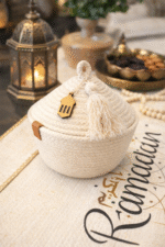 Ramadan Handmade Rope Storage Basket with Lid and Tassel – Decorative Ramadan Gift Basket with Wooden Star Moon & Spoon Charms – Multipurpose Organizer for Dates Sweets or Home Decor - Image 5