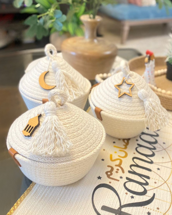 ramadan basket with wood accessories and offwhite tassels