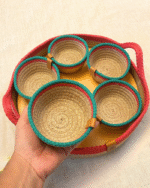 Handmade Woven Jute Snack Serving Bowls with Colorful Red and Green Edges – Set of 5 Small Round Baskets with Large Matching Tray and Side Handles – Eco-Friendly Rustic Boho Kitchen and Dining Table Organizer - Image 2