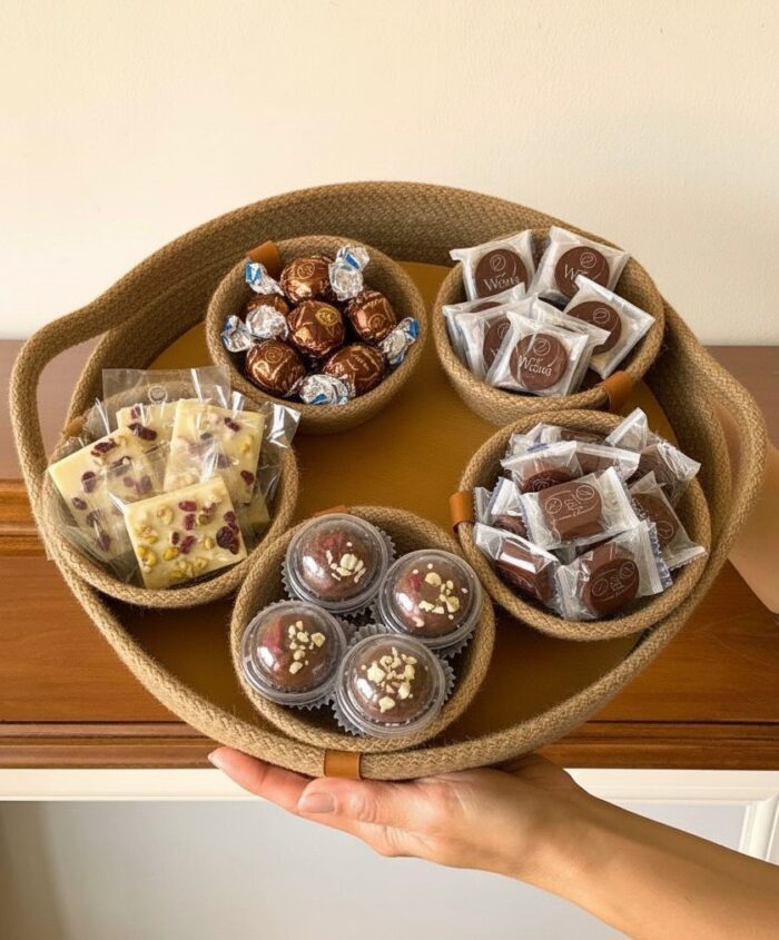 Handmade Woven Jute Snack Serving Bowls with Colorful Red and Green Edges – Set of 5 Small Round Baskets with Large Matching Tray and Side Handles – Eco-Friendly Rustic Boho Kitchen and Dining Table Organizer - Image 4