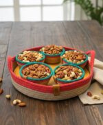 Handmade Woven Jute Snack Serving Bowls with Colorful Red and Green Edges – Set of 5 Small Round Baskets with Large Matching Tray and Side Handles – Eco-Friendly Rustic Boho Kitchen and Dining Table Organizer