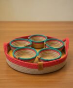 Handmade Woven Jute Snack Serving Bowls with Colorful Red and Green Edges – Set of 5 Small Round Baskets with Large Matching Tray and Side Handles – Eco-Friendly Rustic Boho Kitchen and Dining Table Organizer - Image 5
