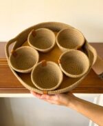 Handmade Woven Jute Snack Serving Bowls with Colorful Red and Green Edges – Set of 5 Small Round Baskets with Large Matching Tray and Side Handles – Eco-Friendly Rustic Boho Kitchen and Dining Table Organizer - Image 3