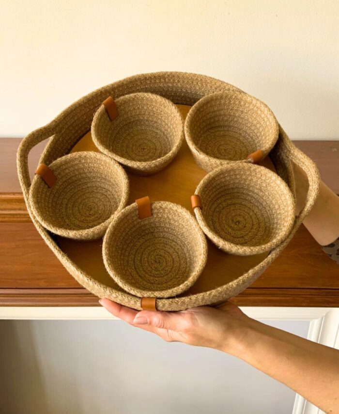 Handmade Woven Jute Snack Serving Bowls with Colorful Red and Green Edges – Set of 5 Small Round Baskets with Large Matching Tray and Side Handles – Eco-Friendly Rustic Boho Kitchen and Dining Table Organizer - Image 3