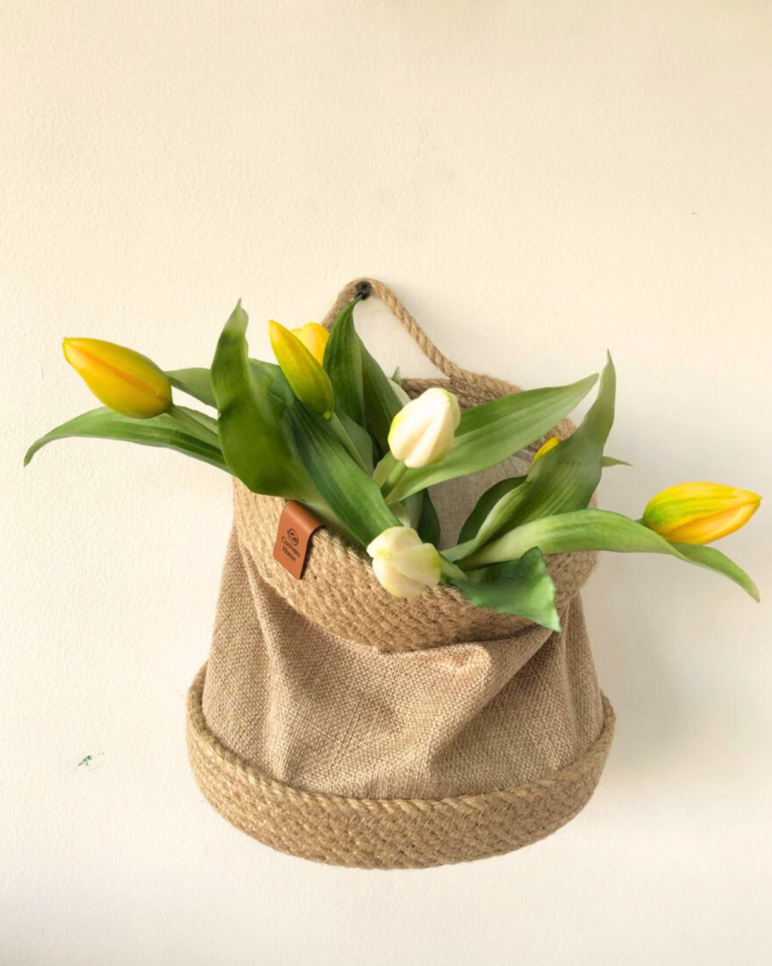 hanging jute and canvas basket