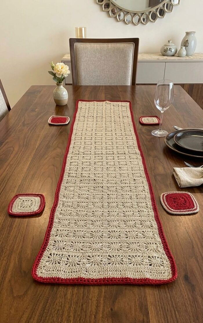 Vintage Handmade Crochet Table Runner with four Pcs  small Granny Squares - Image 6