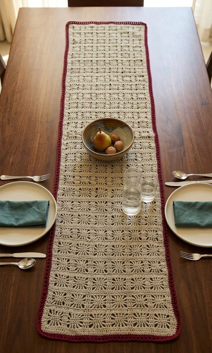 Vintage Handmade Crochet Table Runner with four Pcs  small Granny Squares - Image 5