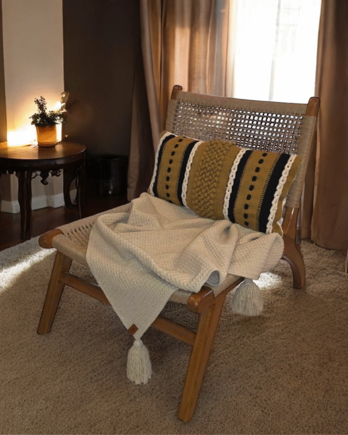 Handcrafted Nordic Lounge Chair – Woven Rope Seat & Backrest | Solid Wood Frame - Image 4