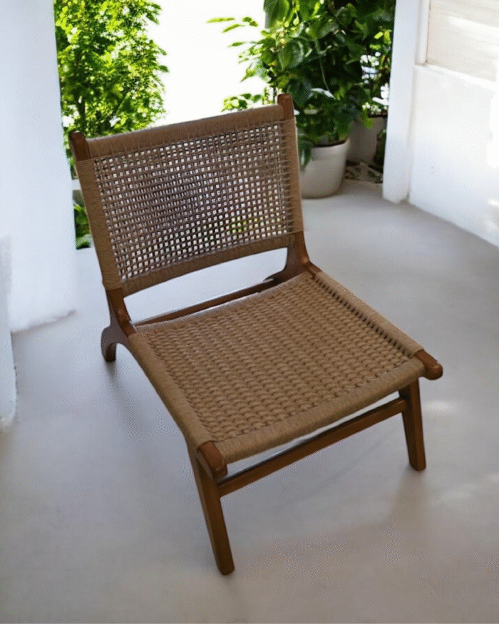 Handcrafted Nordic Lounge Chair – Woven Rope Seat & Backrest | Solid Wood Frame - Image 11