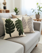 Decorative Square Throw Pillow with Tropical Green  or offwhite Leaf Embroidery – Soft Cotton Cover with Plush Filling for Sofa Bed or Living Room Décor – Nature-Inspired Modern Cushion