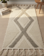 Handwoven Cotton Area kilim Rug with Modern Geometric Diamond X Pattern Bohemian Style Small kilim Carpet with Decorative Tassels for Living Room Bedroom or Entryway – Beige and Gray