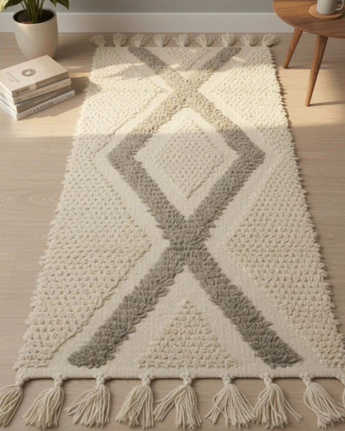 Handwoven Cotton Area kilim Rug with Modern Geometric Diamond X Pattern Bohemian Style Small kilim Carpet with Decorative Tassels for Living Room Bedroom or Entryway – Beige and Gray - Image 1