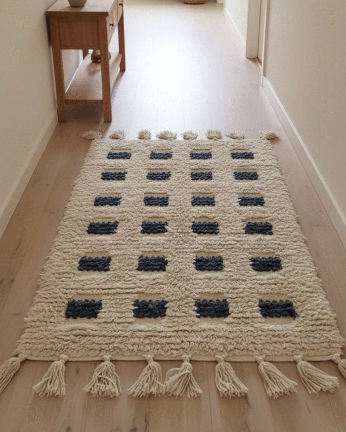Handmade Kilim Rug – Beige & Navy blue with Lined Pattern - Image 1